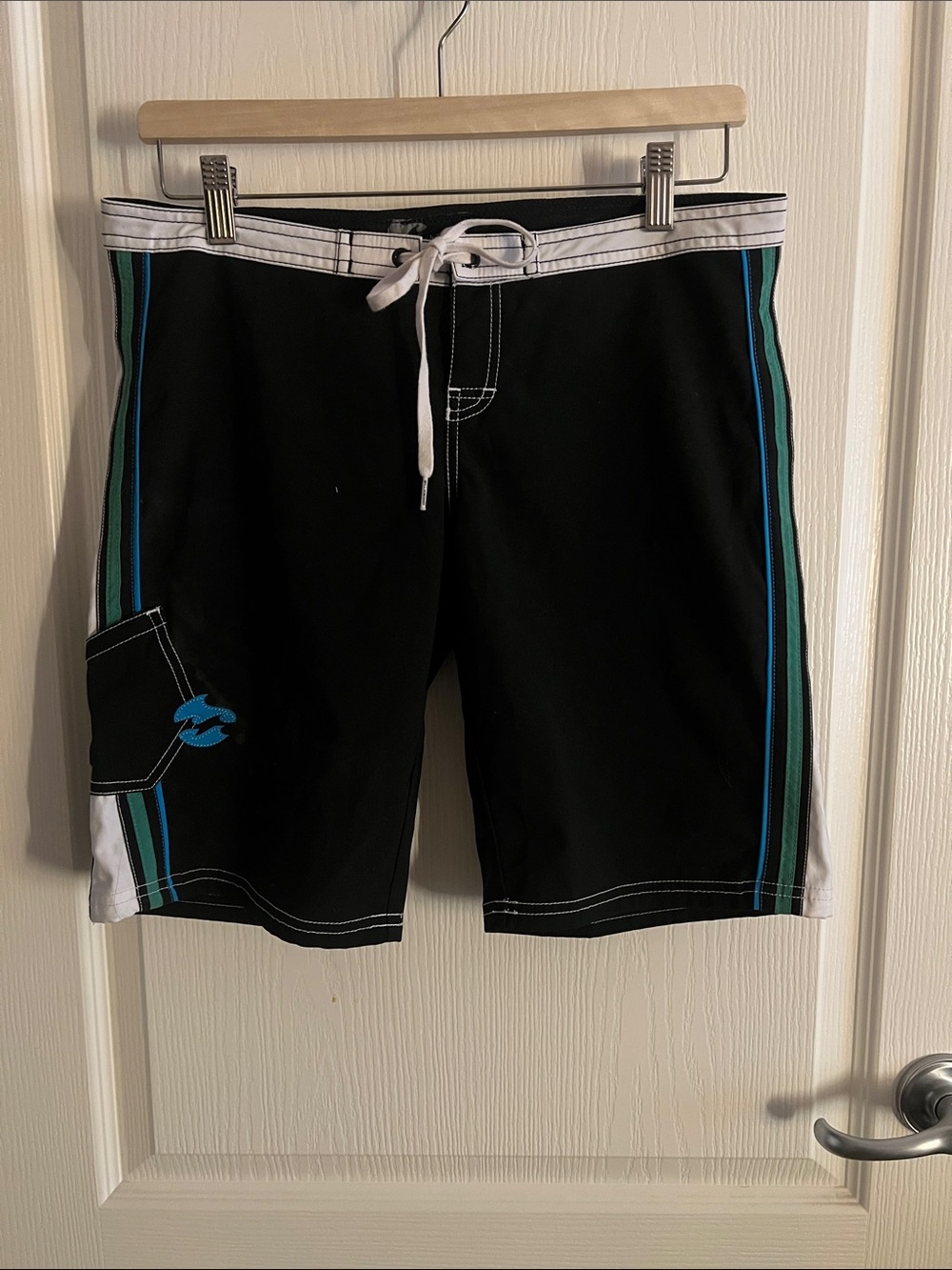 Billabong Black Boardshorts with Blue and Teal Side Stripes